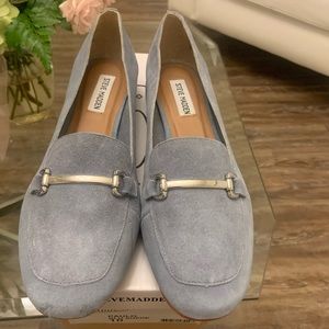 New light blue suede Steve Madden loafers with silver hardware